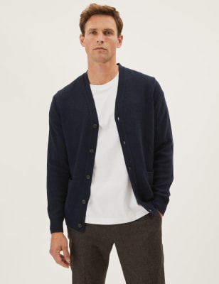 Marks And Spencer Mens M&S Collection Pure Extra Fine Lambswool V-Neck Cardigan - Navy