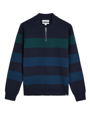

M&S Collection Jersey con media cremallera de rayas con algodónMens - Navy Mix, Navy Mix