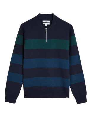 

Mens M&S Collection Cotton Blend Striped Half Zip Jumper - Navy Mix, Navy Mix