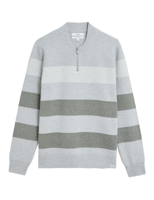 

M&S Collection Jersey con media cremallera de rayas con algodónMens - Grey Mix, Grey Mix