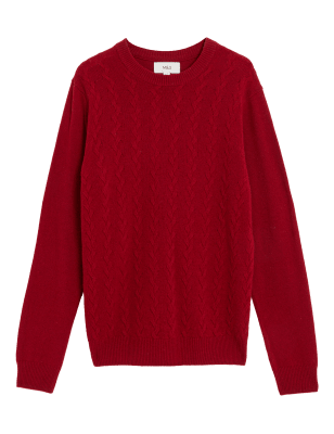 

Mens M&S Collection Pullover aus reiner Lammwolle mit Zopfmuster und Rundhalsausschnitt - Red, Red