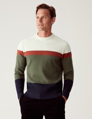 Cotton Blend Stripe Print Crewneck Sweater main image 1