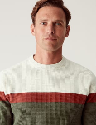 

M&S Collection Jersey con escote cerrado de rayas con algodónMens - Green Mix, Green Mix