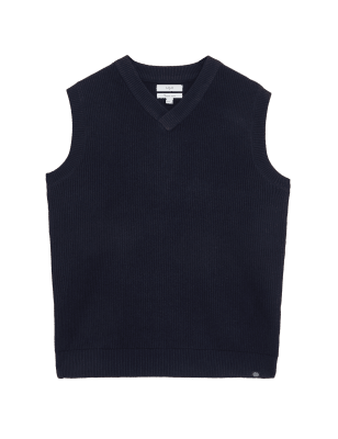 

Mens M&S Collection Ärmelloser Pullover aus Baumwollmischgewebe mit V-Ausschnitt - Navy, Navy