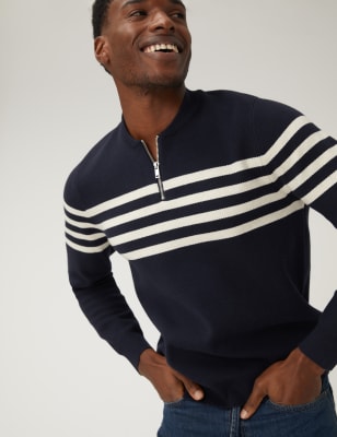 Cotton Blend Striped Half Zip Jumper | M&S HK