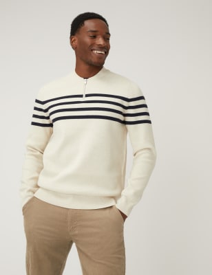 

Mens M&S Collection Cotton Blend Striped Half Zip Jumper - Ecru Mix, Ecru Mix