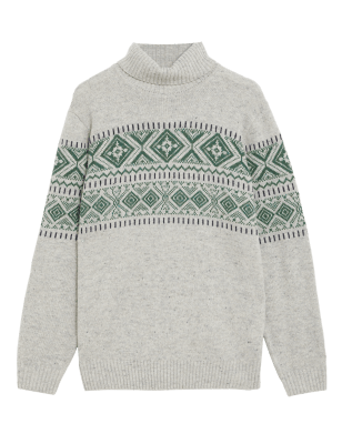 

Mens M&S Collection Lambswool Blend Fair Isle Roll Neck Jumper - Ecru Mix, Ecru Mix