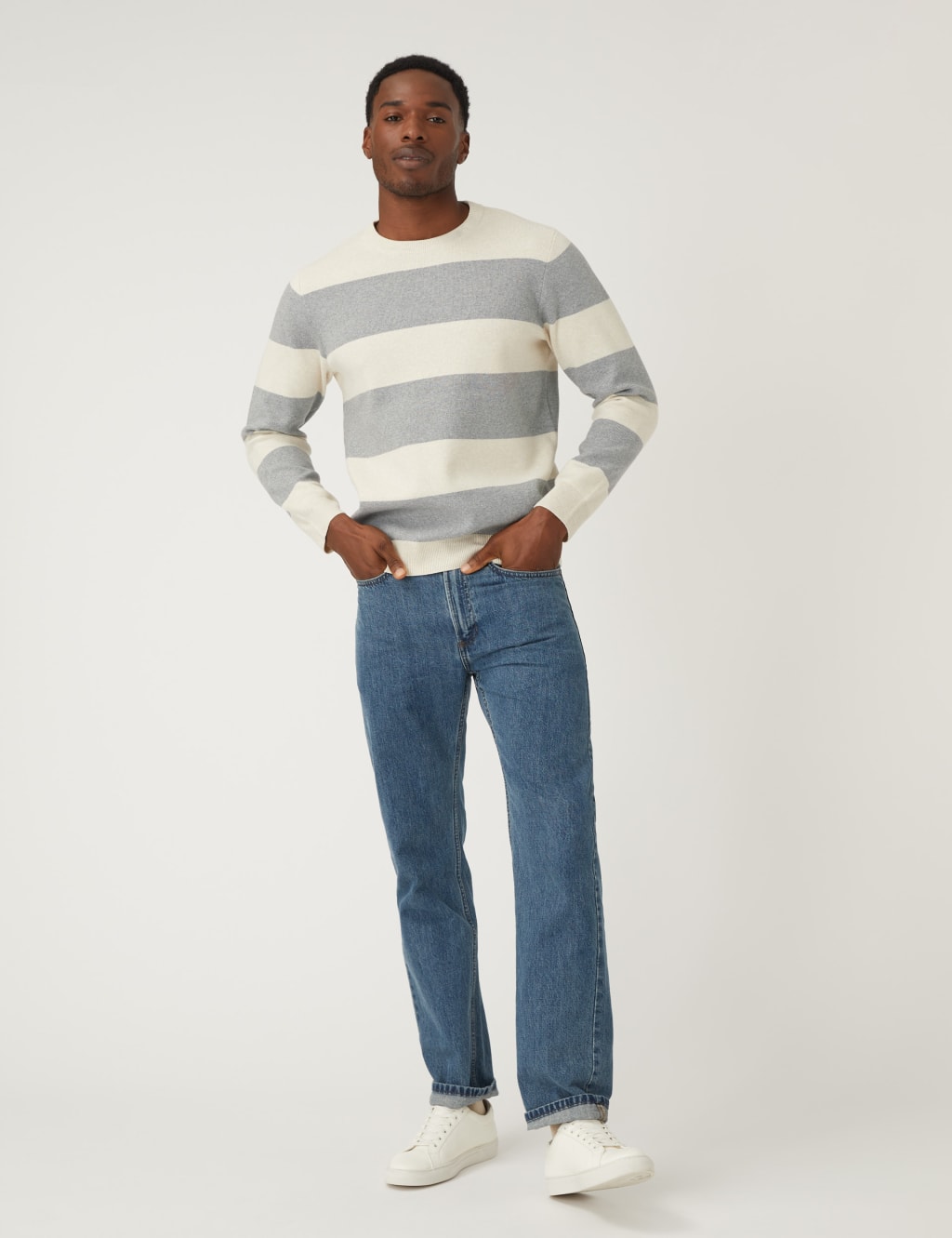 Cotton Blend Striped Crew Neck Jumper image 1