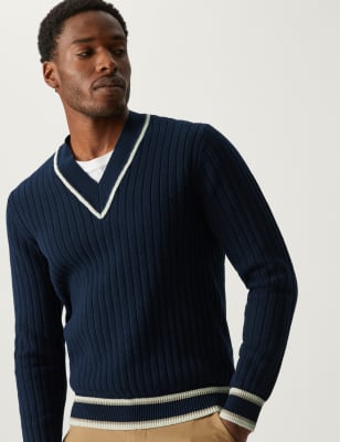 

Mens M&S Collection Rippenstrickpullover aus Baumwollmischung mit V-Ausschnitt - Navy Mix, Navy Mix