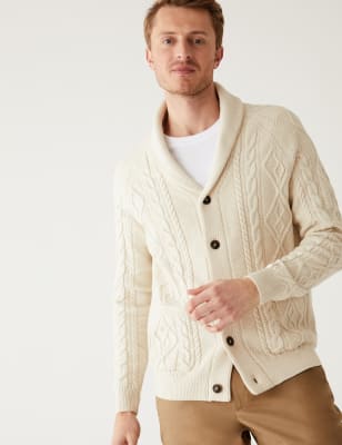 

Mens M&S Collection Cotton Blend Ribbed Shawl Collar Cardigan - Ecru, Ecru