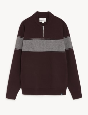 Cotton Blend Block Stripe Zip Up Jumper
