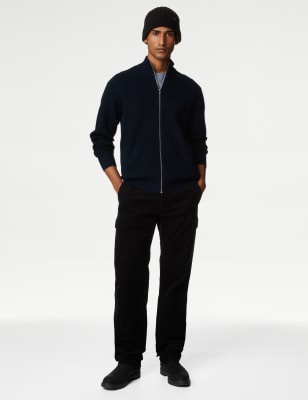 M&S Mens Cotton Blend Funnel Neck Zip Up Jumper - MREG - Navy, Navy,Mid Blue