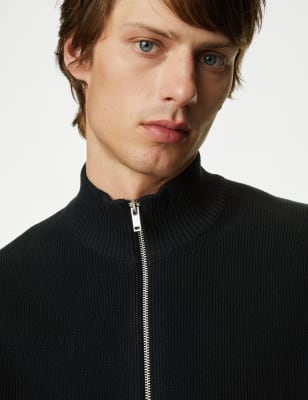 Cotton Blend Funnel Neck Zip Up Jumper