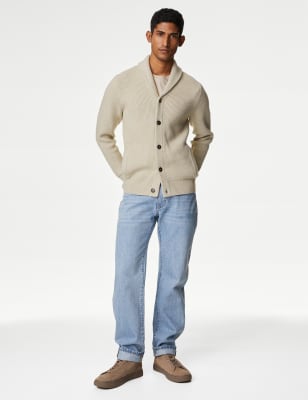 Cotton Blend Textured Shawl Collar Cardigan