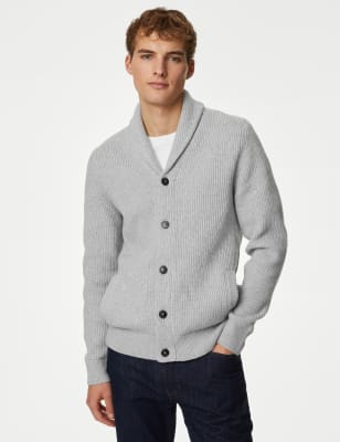 Cotton Blend Textured Shawl Collar Cardigan