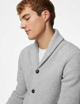 Cotton Blend Textured Shawl Collar Cardigan