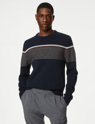 

Mens M&S Collection Lambswool Blend Striped Crew Neck Jumper - Navy Mix, Navy Mix