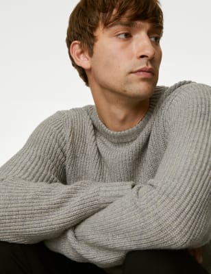 

Mens M&S Collection Pullover aus Lammwollmischgewebe mit Rundhalsausschnitt und Strukturmuster - Neutral, Neutral