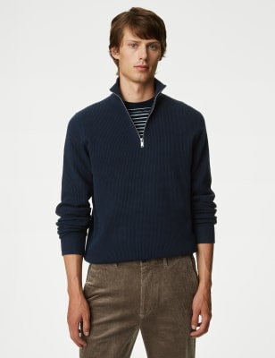 Cotton Blend Textured Half Zip Jumper