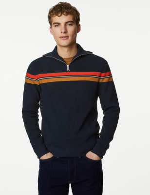 Striped Funnel Neck Half Zip Jumper - TW