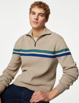 Striped Funnel Neck Half Zip Jumper - GR