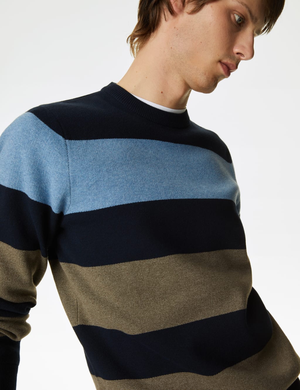 Cotton Blend Block Stripe Crew Neck Jumper image 1
