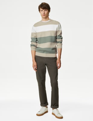 

Mens M&S Collection Cotton Blend Block Stripe Crew Neck Jumper - Ecru Mix, Ecru Mix