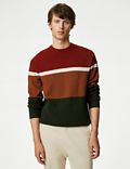 Sweter z okrągłym dekoltem w szerokie pasy z mieszanki bawełny