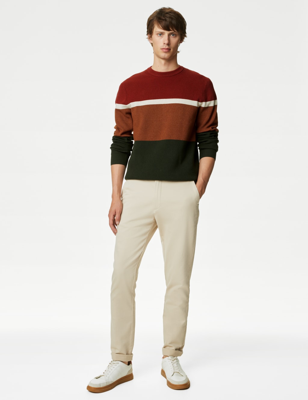 Cotton Blend Block Stripe Crew Neck Jumper image 3
