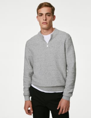 Pull en coton mélangé texturé à encolure zippée - CH