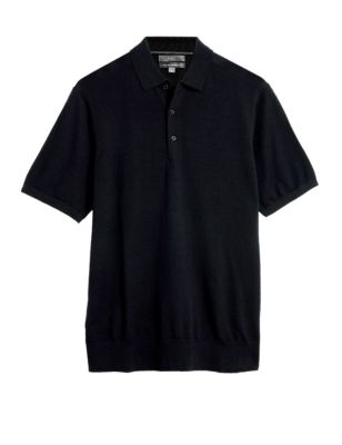 Mens M&S Collection Pure Extra Fine Merino Wool Polo Shirt - Black