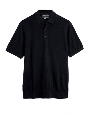 

Mens M&S Collection Pure Extra Fine Merino Wool Polo Shirt - Black, Black