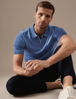 

Autograph Polo 100% lana de merino de manga cortaMens - Denim, Denim