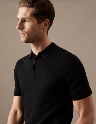 

Mens Autograph Pure Merino Wool Short Sleeve Polo Shirt - Black, Black