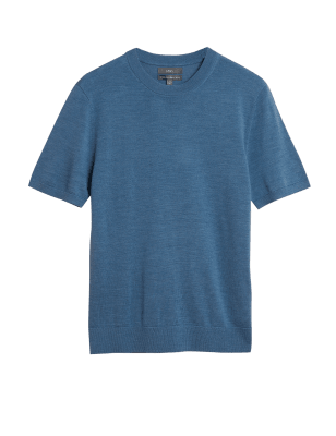 

Mens M&S Collection Pure Extra Fine Merino Wool Knitted T-Shirt - Denim, Denim