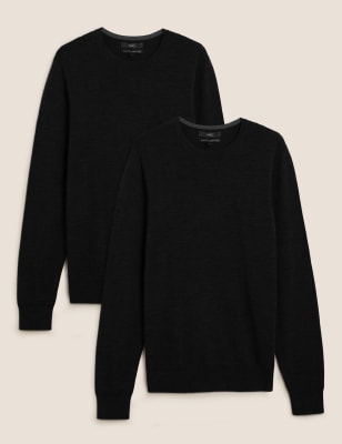 

M&S Collection Pack de 2 jerséis 100% lana de merino de escote cerradoMens - Black, Black