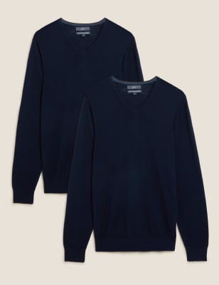 

Mens M&S Collection 2 Pack Pure Merino Wool V-Neck Jumpers - Navy, Navy