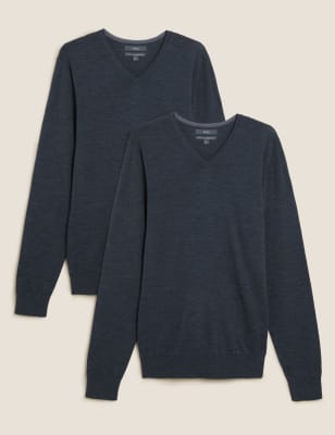 

Mens M&S Collection 2 Pack Pure Merino Wool V-Neck Jumpers - Dark Grey, Dark Grey