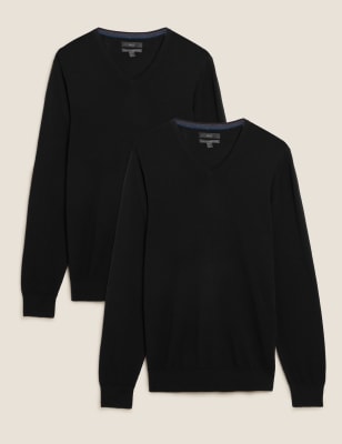 

Mens M&S Collection 2 Pack Pure Merino Wool V-Neck Jumpers - Black, Black