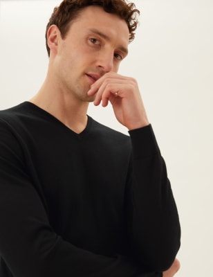 

Mens M&S Collection 2 Pack Pure Merino Wool V-Neck Jumpers - Black, Black