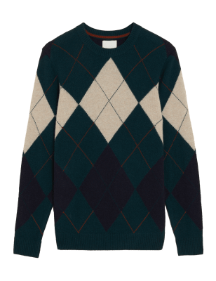 

Mens M&S Originals Thorner Merino Wool with Cashmere Argyle Jumper - Green Mix, Green Mix