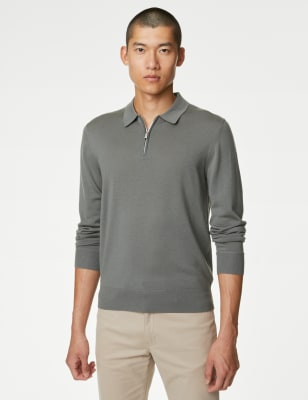 

Mens Autograph Pure Extra Fine Merino Wool Knitted Polo - Sage Green, Sage Green