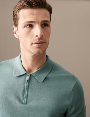 

Mens Autograph Extrafein gestricktes Poloshirt aus reiner Merinowolle - Faded Green, Faded Green