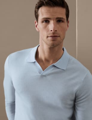 

Mens Autograph Pure Extra Fine Merino Wool Knitted Polo Shirt - Light Blue, Light Blue