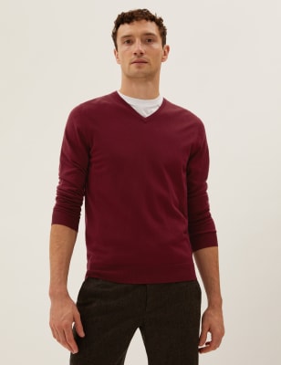 

Mens M&S Collection Pure Extra Fine Merino V-Neck Jumper - Redcurrant, Redcurrant