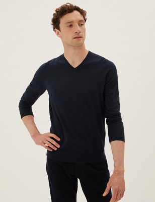 Mens M&S Collection Pure Extra Fine Merino V-Neck Jumper - Navy, Navy