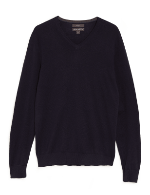 

M&S Collection Jersey de escote en pico 100% lana de merino extrafinaMens - Navy, Navy