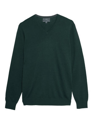 

Mens M&S Collection Pure Extra Fine Merino V-Neck Jumper - Dark Green, Dark Green