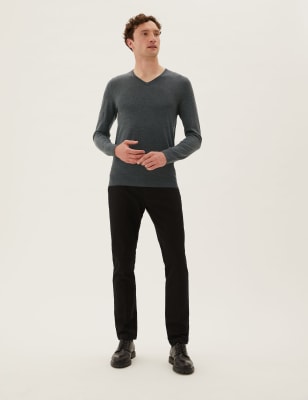 Mens M&S Collection Pure Extra Fine Merino V-Neck Jumper - Dark Grey, Dark Grey