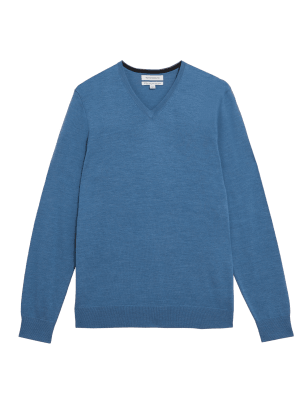

Mens Autograph Pullover mit V-Ausschnitt aus extrafeiner Merinowolle - Denim, Denim